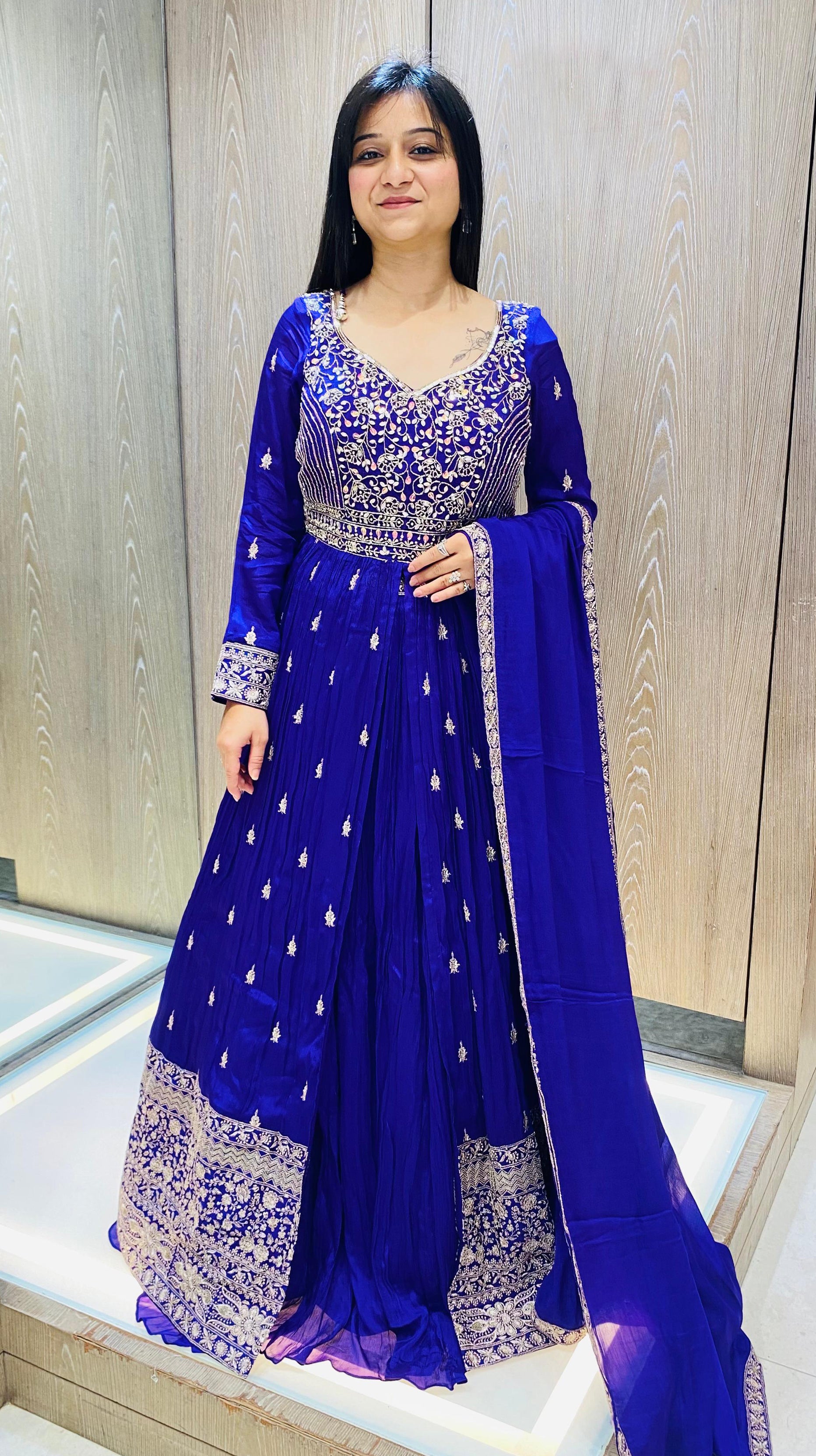Royal Blue Color Chinnon Hand Work Indo Western